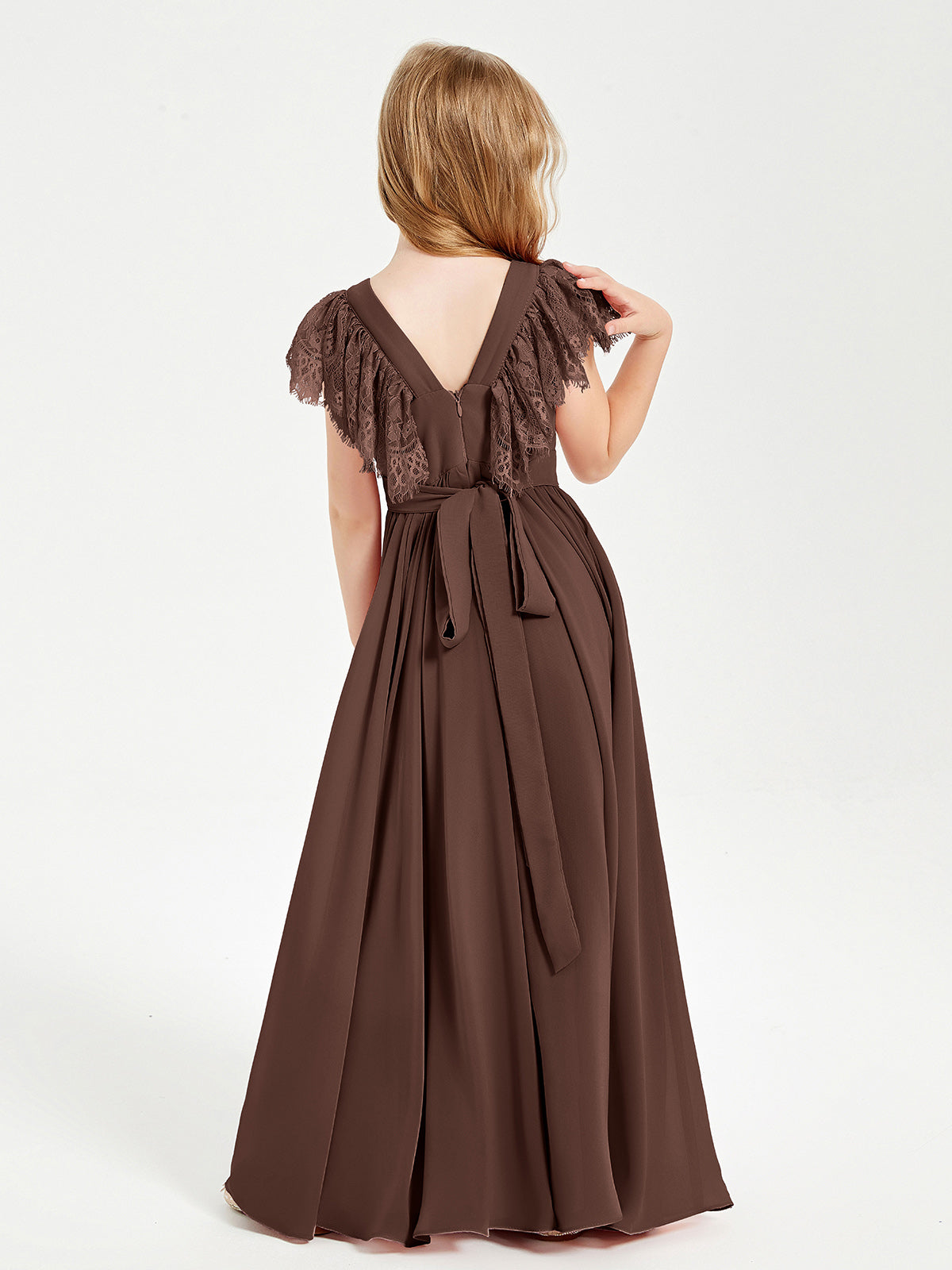Chiffon Junior Bridesmaid Dresses with Lace Flutter Sleeves Chocolate